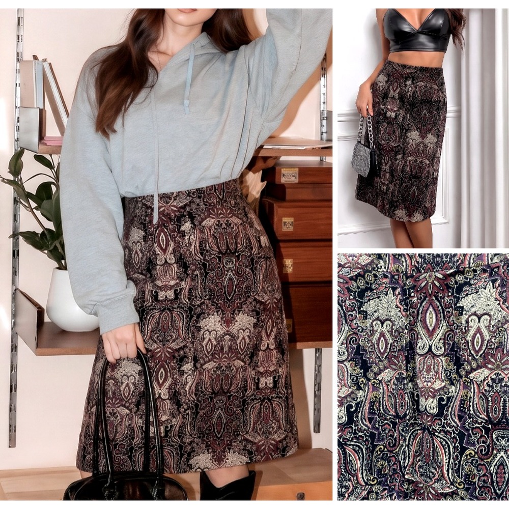 Y2k BoHo Paisley Corduroy Skirt 8 dark academia preppy Whimsigoth Fairy Grunge